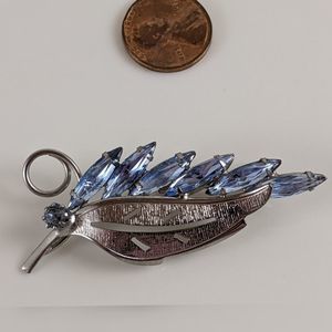 Vintage Silver Tone Blue Crystal Leaf Brooch